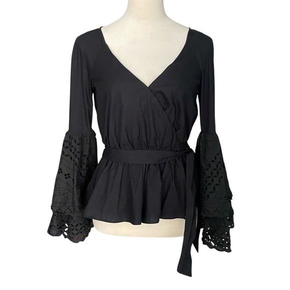 Rebecca Minkoff Tops - Rebecca Minkoff Melly Eyelet Bell Sleeve Wrap Top Black NWOT Boho Victorian XXS